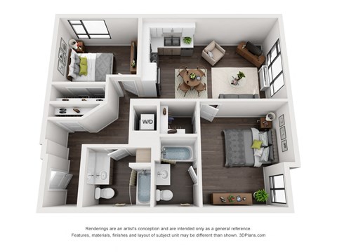 Floor plan for 2 beds, 2 baths, 950 sqft